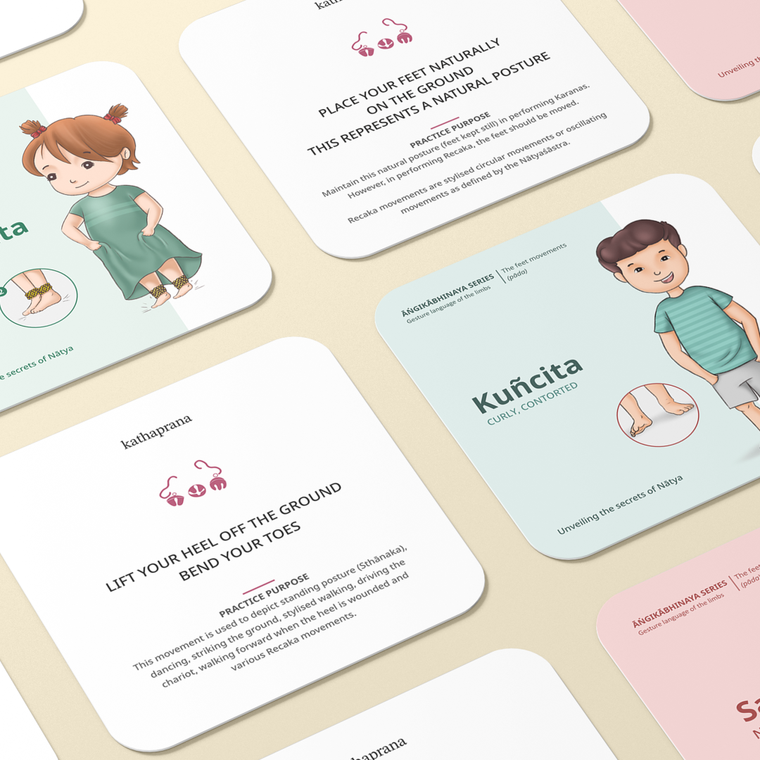 Flat lay of Kathaprana Natya Cards for kids featuring illustrated dance poses and Sanskrit footwork terms. Learn Kathak mudras and meanings with Natya Cards.