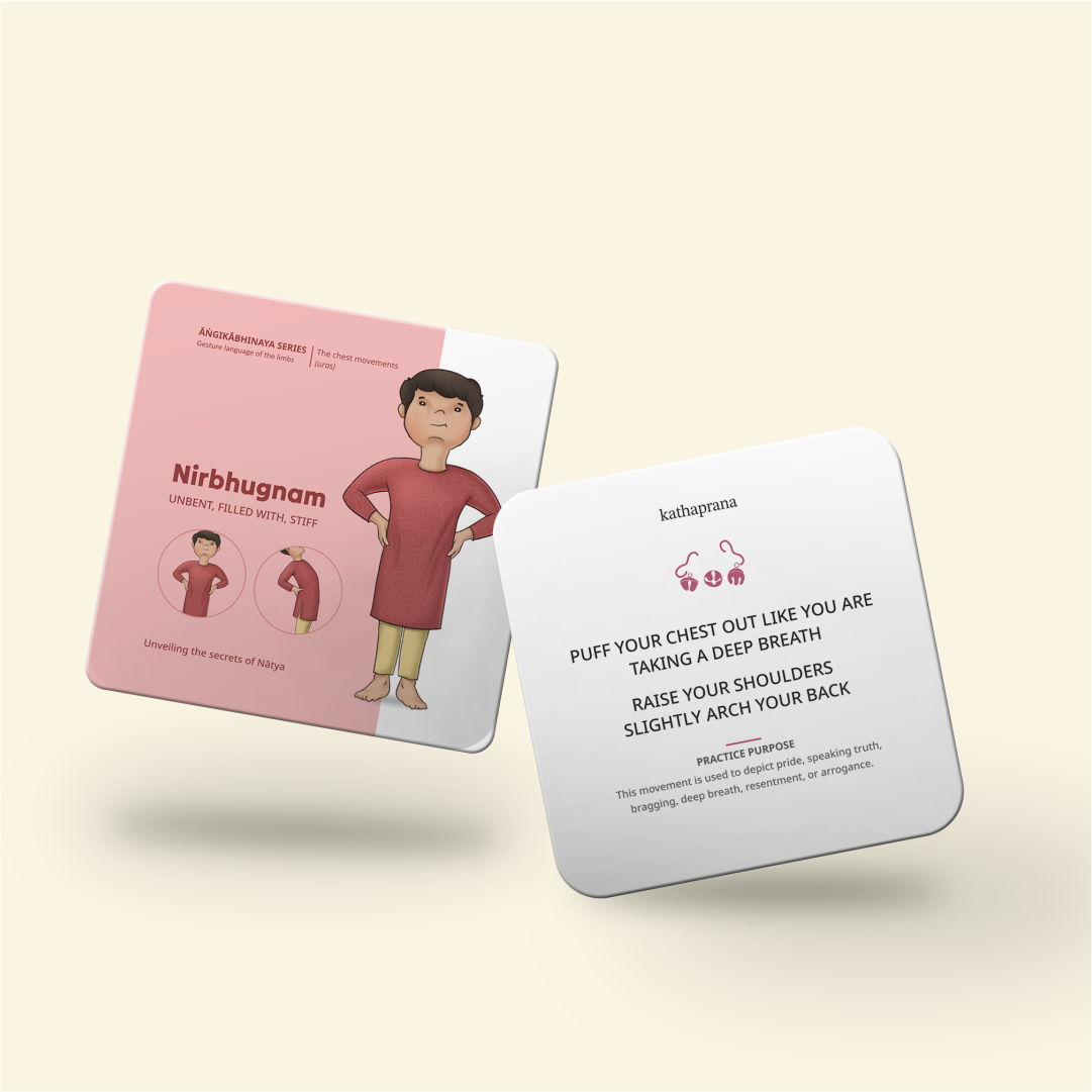A pair of Natya Cards showing a young child demonstrating the chest movement "Nirbhugnam".
Mindful movement cards for dance learning at home – Shop Natya Cards by Kathaprana.