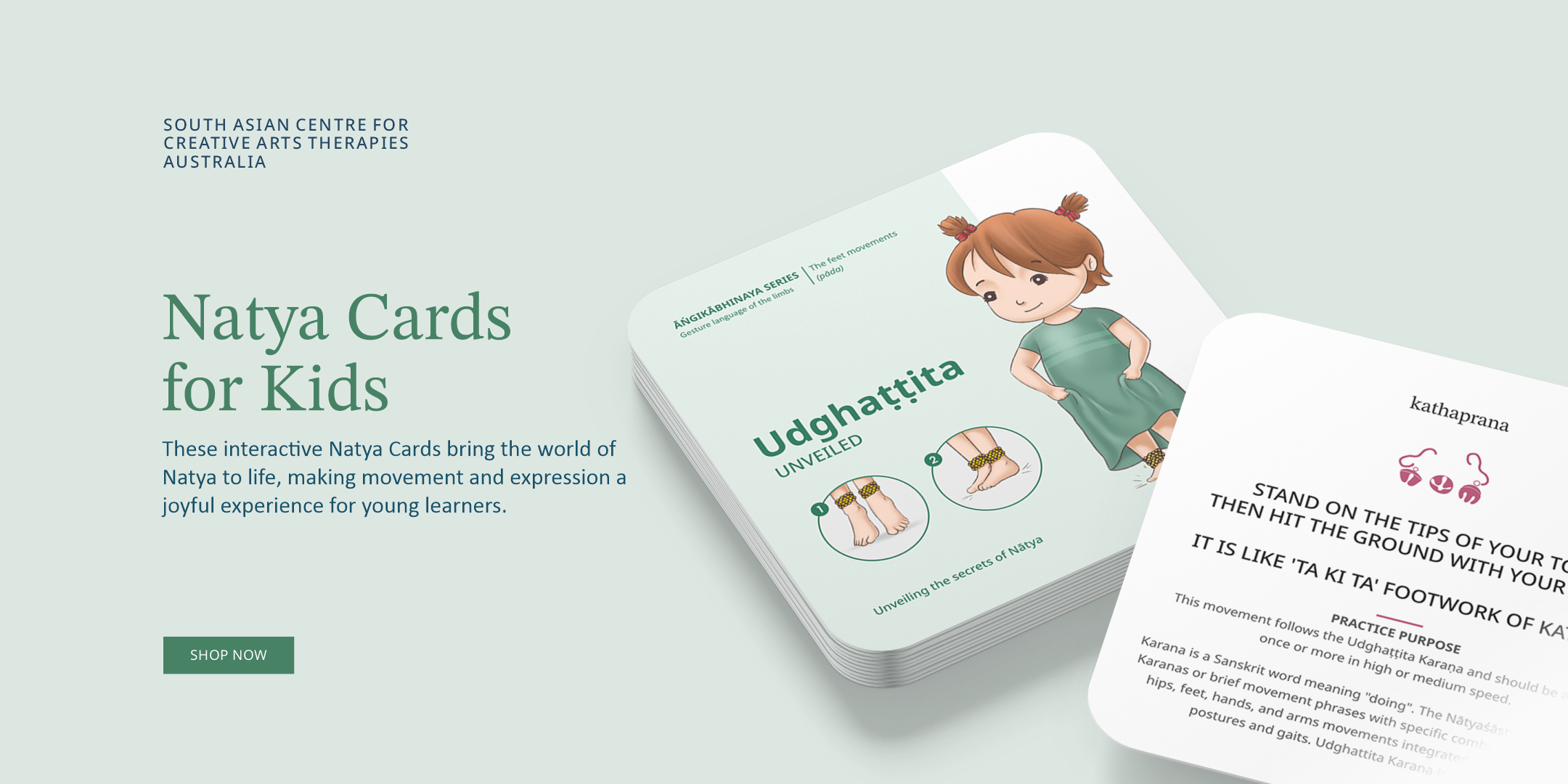 Stack of Kathaprana Natya Cards for kids featuring Udghattita step. A fun and educational tool to learn classical Indian dance. Shop Natya Cards by Kathaprana.