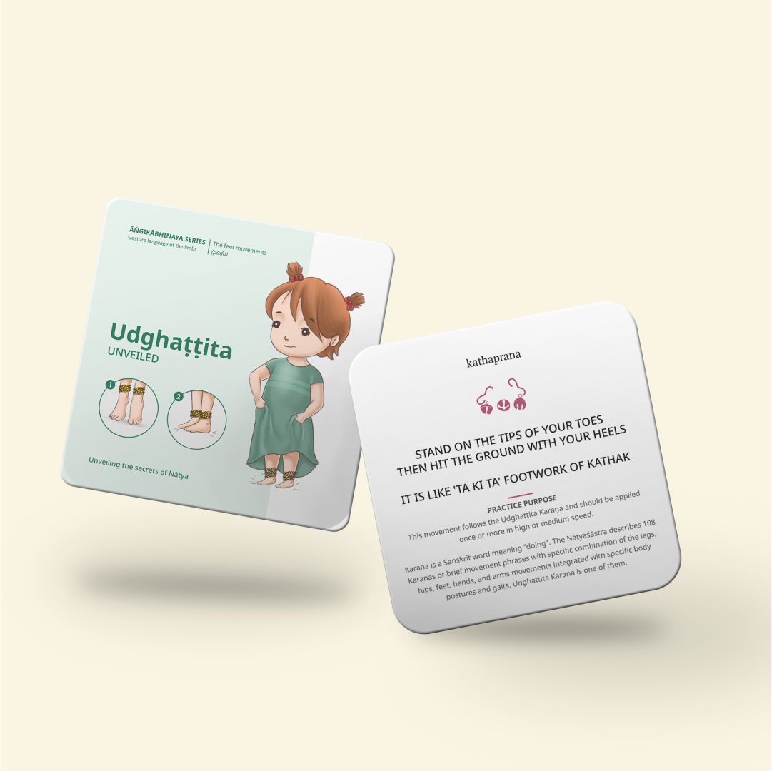 A pair of Natya Cards showing a young child demonstrating the foot movement "Udghattita".
Mindful movement cards for dance learning at home – Shop Natya Cards by Kathaprana.
