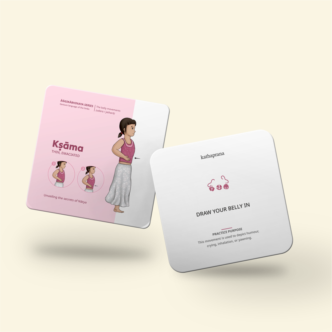 A pair of Natya Cards showing a young child demonstrating the belly movement "Ksama". Mindful movement cards for dance learning at home – Shop Natya Cards by Kathaprana.

