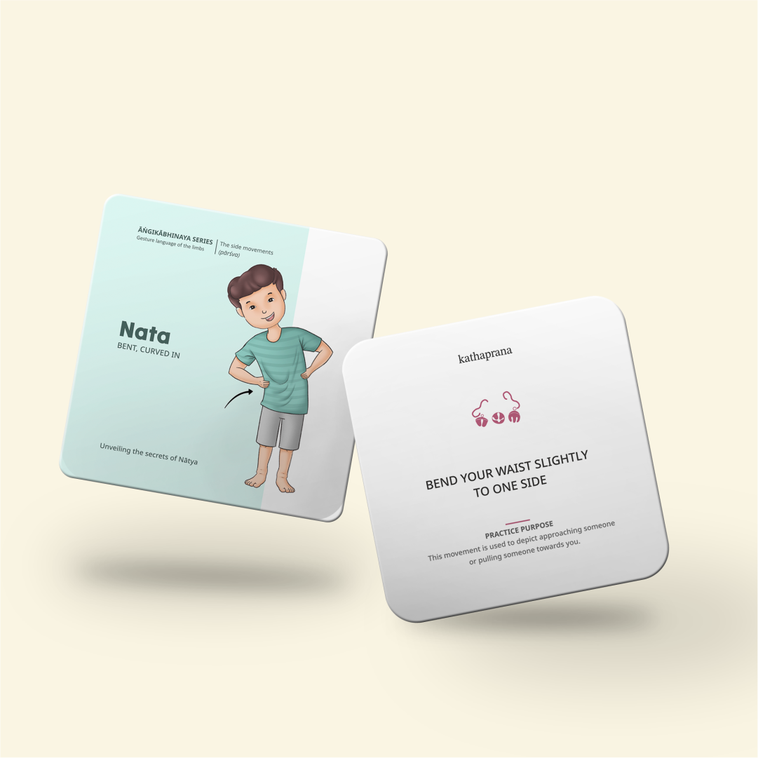A pair of Natya Cards showing a young child demonstrating the side movement "Nata".
Mindful movement cards for dance learning at home – Shop Natya Cards by Kathaprana.

